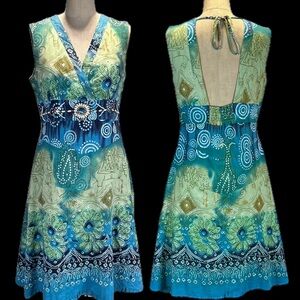 Artsy tribal‎ sundress African elephant beaded hippie boho sun dress tie dye y2k